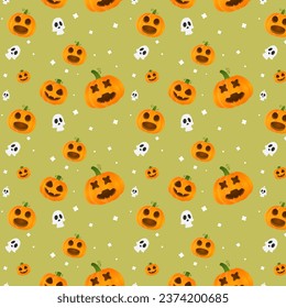 Halloween Pattern with Pumpkins, Skull Spooky Cartoon Style Premium Vector
