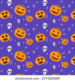 Halloween Pattern with Pumpkins, Skull Spooky Cartoon Style Premium Vector
