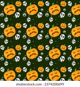Halloween Pattern with Pumpkins, Skull Spooky Cartoon Style Premium Vector
