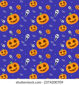 Halloween Pattern with Pumpkins, Skull Spooky Cartoon Style Premium Vector