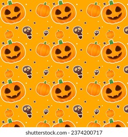 Halloween Pattern with Pumpkins, Skull Spooky Cartoon Style Premium Vector