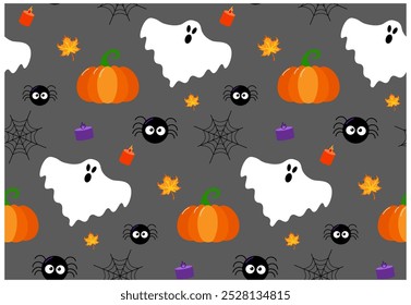 Halloween Pattern with Pumpkins, Skull Spooky ghost, spider, web, leaves, orange and purple candles. Cartoon Style Premium Vector
