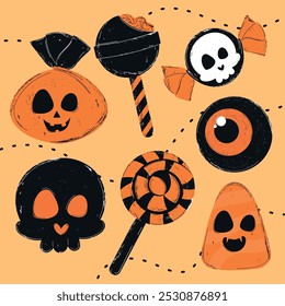 Halloween pattern with pumpkins, skulls, and candy lollipops Vector