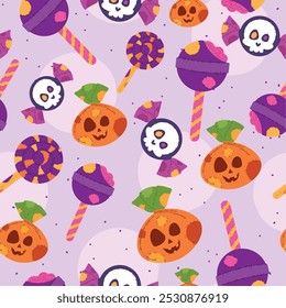 Halloween pattern with pumpkins, skulls, and candy lollipops Vector