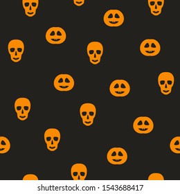 Halloween pattern with pumpkins and skulls. Seamless vector background - orange grinning pumpkin lanterns and skulls on black backdrop