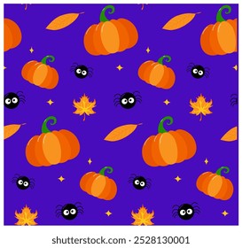 Halloween Pattern with Pumpkins, spider leaves Spooky Cartoon Style Premium Vector
