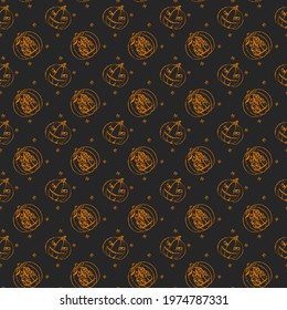 Halloween pattern with pumpkins, spiders, on a dark background, hand-drawn doodling.