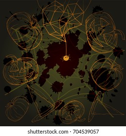 Halloween Pattern with Pumpkins, web, witch hat on dark background. Vector illustration. Perfect for invitations, greeting cards, print, banners, poster for textiles, fashion design.