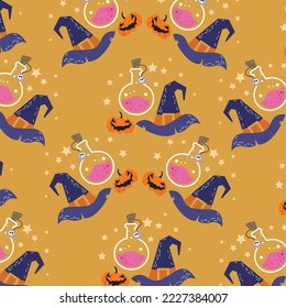 Halloween pattern with pumpkins and witch hats and bottles. With star yellow background.