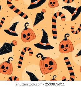 Halloween pattern with pumpkins, witch hats, and candy canes Vector