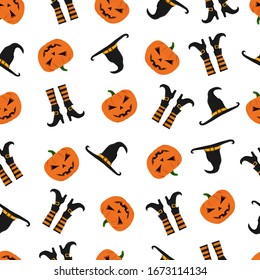 Halloween pattern with pumpkins, witch's hat and boots. Halloween background. Seamless halloween pattern design