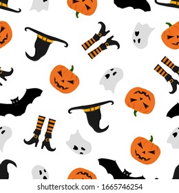 Halloween pattern with pumpkins,bats,ghosts,witch's hat and witch's boots. Halloween background. Seamless pattern design