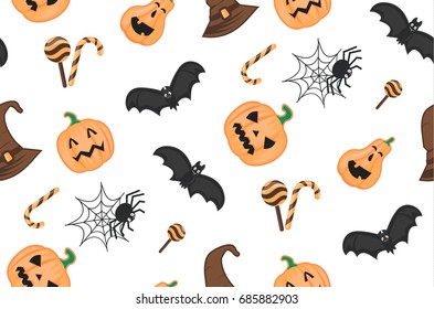 Halloween pattern with pumpkins,candys and bats
