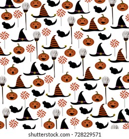 Halloween pattern with pumpkins,hats,witch,candy,cats.For textile,texture,fabric,prints,wallpaper decor,poster,invitation and greeting cards design.Vector illustration.
