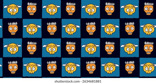Halloween Pattern with Quirky Yellow Skulls with Cartoon Faces in Blue and Black Grid. Playful and colorful monster heads perfect for fashion, posters, print, web, fashion, cards, wrapping paper