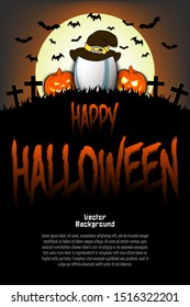 Halloween pattern. Rugby ball with witch hat, pumpkins, flying bats and crosses on the background of the moon. Pattern for banner, poster, greeting card, party invitation. Vector illustration