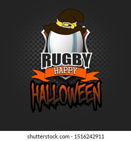 Halloween pattern. Rugby logo template design. Rugby ball with witch hat. Pattern for banner, poster, greeting card, party invitation. Vector illustration