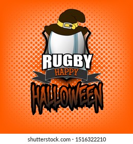 Halloween pattern. Rugby logo template design. Rugby ball with witch hat. Pattern for banner, poster, greeting card, party invitation. Vector illustration