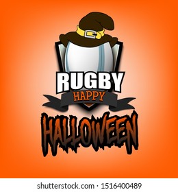 Halloween pattern. Rugby logo template design. Rugby ball with witch hat. Pattern for banner, poster, greeting card, party invitation. Vector illustration