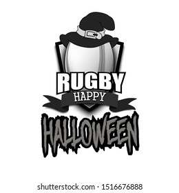 Halloween pattern. Rugby logo template design. Rugby ball with witch hat. Pattern for banner, poster, greeting card, party invitation. Vector illustration