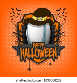 Halloween pattern. Rugby logo template design. Rugby ball in a hat on a background of spooky trees and bats with a shield. Pattern for banner, poster, party invitation. Vector illustration