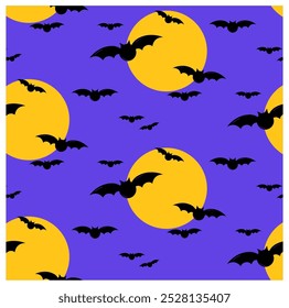 Padrão de Halloween com morcegos assustadores e lua cheia. Fundo sem emenda do vetor. Pronto para impressão em têxteis e outro design sem costura.

