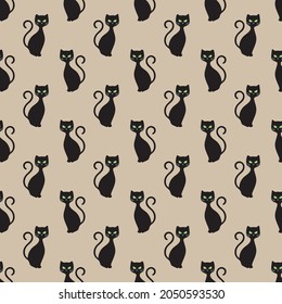 Halloween Pattern with Scary Cats. Flat Vector Illustration. Spooky Background for Halloween Party, October Party Decorations, Invitations, Banners, Wallpapers, Gift wrappers, Greeting cards