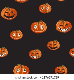 Halloween pattern with scary orange pumpkins on black background.