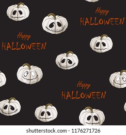 Halloween pattern with scary white pumpkins on black background.
