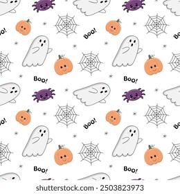 Patrón de Halloween. Fondo sin fisuras con lindos fantasmas kawaii, letras Boo y calabazas y arañas. Textura infinita para las vacaciones de Halloween