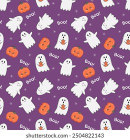 Halloween pattern. Seamless background with cute kawaii ghosts, Boo lettering and pumpkins. Infinite texture for the Halloween holiday