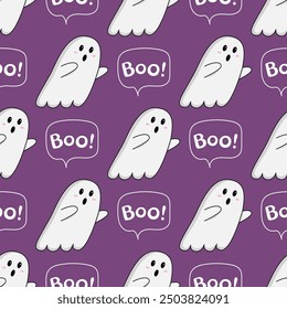 Patrón de Halloween. Fondo sin fisuras con fantasmas kawaii, inscripción Boo. Textura infinita para las vacaciones de Halloween