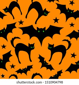 Halloween Pattern, Seamless Pattern with Bats and Cats on Orange , Seamless Pattern Halloween, Halloween Background Repeat, Surface Pattern Halloween