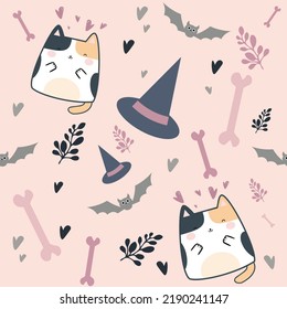 Halloween pattern. Seamless pattern cute kawaii cat fall in love Halloween. Vector Illustration. Design for background, wallpaper, wrapping and fabric