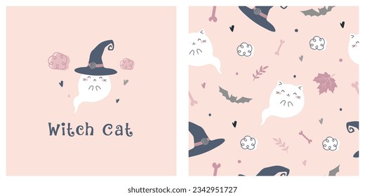Halloween pattern. Seamless pattern with cute kawaii cat ghost and witch hat. Vector illustration. Design for print, textile, poster, card, wallpaper, textile, wrapping and fabric. Text " Witch Cat "
