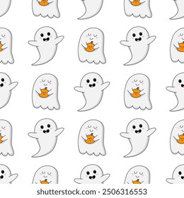 Halloween pattern. Seamless pattern of cute kawaii ghosts and pumpkins.