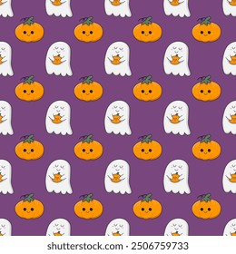 Halloween pattern. Seamless pattern of cute kawaii ghosts and pumpkins.