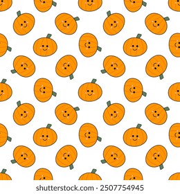 Halloween pattern. Seamless pattern with cute kawaii pumpkins