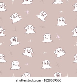 Halloween pattern. Seamless pattern with cute little white cartoon ghosts and different emotions on a pink background - joy, relaxation, happiness and anger, sleep. Vector. Template for paper, textile