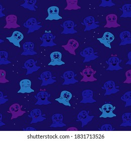 Halloween pattern. Seamless pattern with cute little cartoon colored ghosts and different emotions on a dark blue background - joy and relaxation, happiness and anger. Vector. for paper, textile