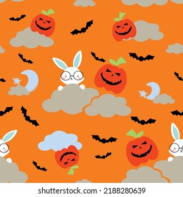 Halloween pattern. Seamless pattern with cute rabbit and pumpkin on orange background. Vector illustration. Kids collection. Design for background, wallpaper, wrapping and textile