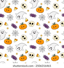 Halloween pattern. Seamless pattern of ghosts, candies, spiders, pumpkins spider webs