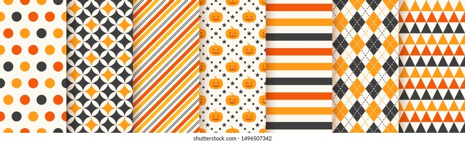 Halloween-Muster. Nahtloser Halogenhintergrund. Vektorgrafik. Textur mit Kürbis Gesicht, Dreieck, Polka Punkt, Streifen, Rhombus. Geometrisches Verpackungspapier, Stoffdruck. Orangelbes Schwarz. Illustration