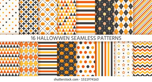 Halloween pattern. Seamless Haloween background. Vector. Texture with pumpkin face, polka dot, star stripes triangle rhombus. Geometric wrapping paper, textile print. Orange yellow black Illustration