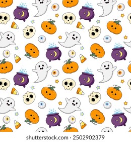 Halloween pattern. Seamless pattern with kawaii pumpkin, skull, boiling potion pot and ghost.