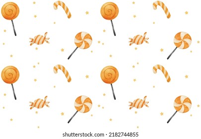 Halloween pattern seamless orange candy watercolor isolated on white background