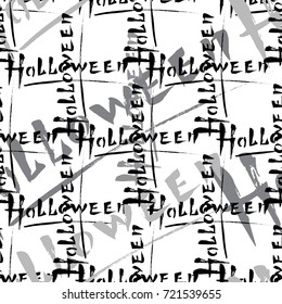 Halloween pattern, seamless ornament. Black and gray letters on a white background. Graphic handwritten composition for celebrating the holiday.