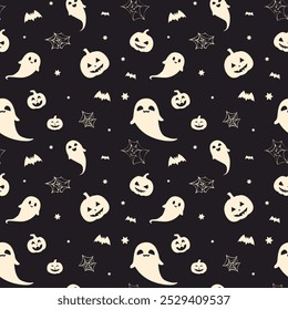 Padrão de Halloween. Halloween padrão sem emenda com abóbora, fantasma, morcego e teia de aranha. Plano de fundo de Halloween. Padrão para impressões estáticas, têxteis, papel de embrulho. Ilustração vetorial.