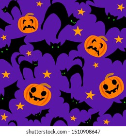 Halloween Pattern, Seamless Pattern with Pumpkins, Bats and Cats on Dark Blue, Halloween Background Repeat, Surface Pattern Halloween party, October Holiday Decorations Vector 