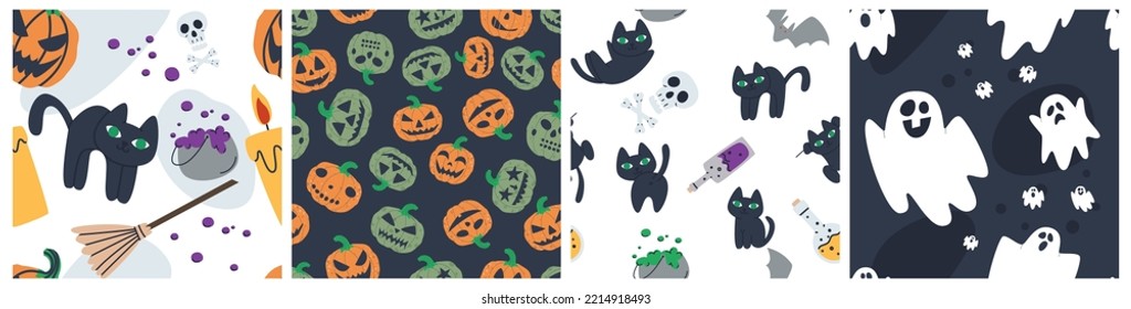 Halloween pattern seamless set. A set of halloween concepts for decorating fabric, packaging, paper. Flat style vector illustration, eps10